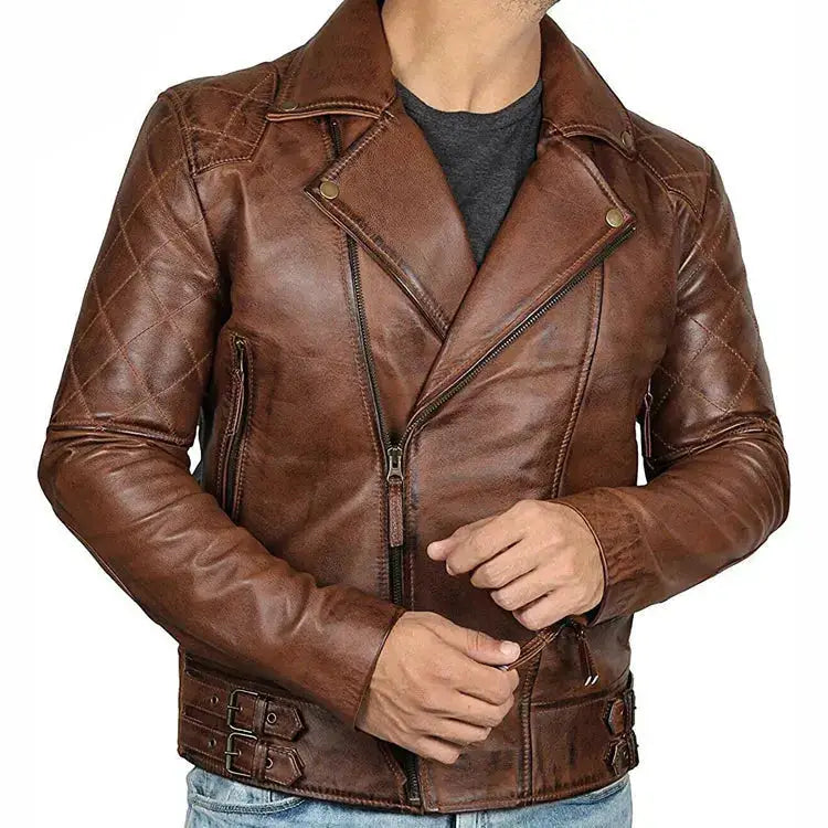 Men’s Brown Leather Cafe Racer Motorcycle Jacket-1