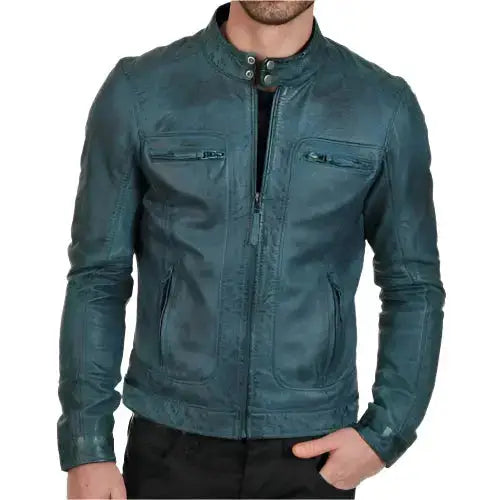Men's Distressed Cafe Racer Leather Jacket-0