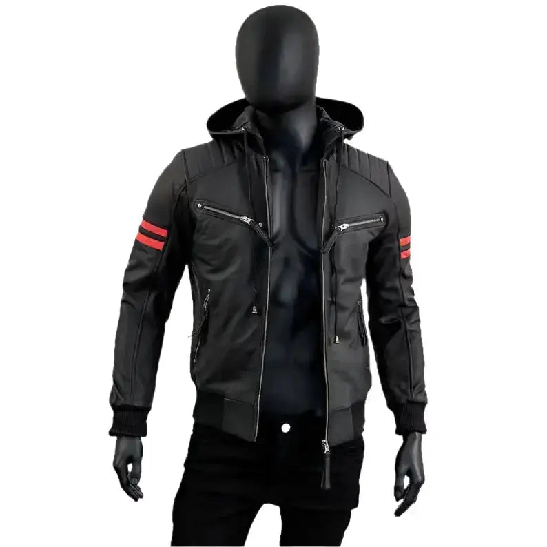 Men’s Removable Hood Leather Biker Jacket-1