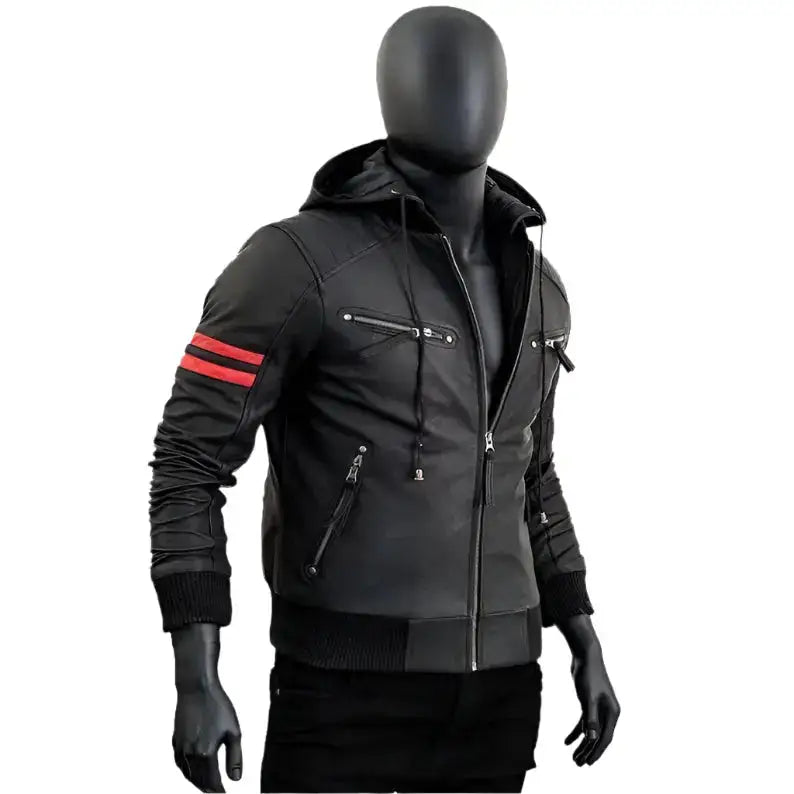 Men’s Removable Hood Leather Biker Jacket-2