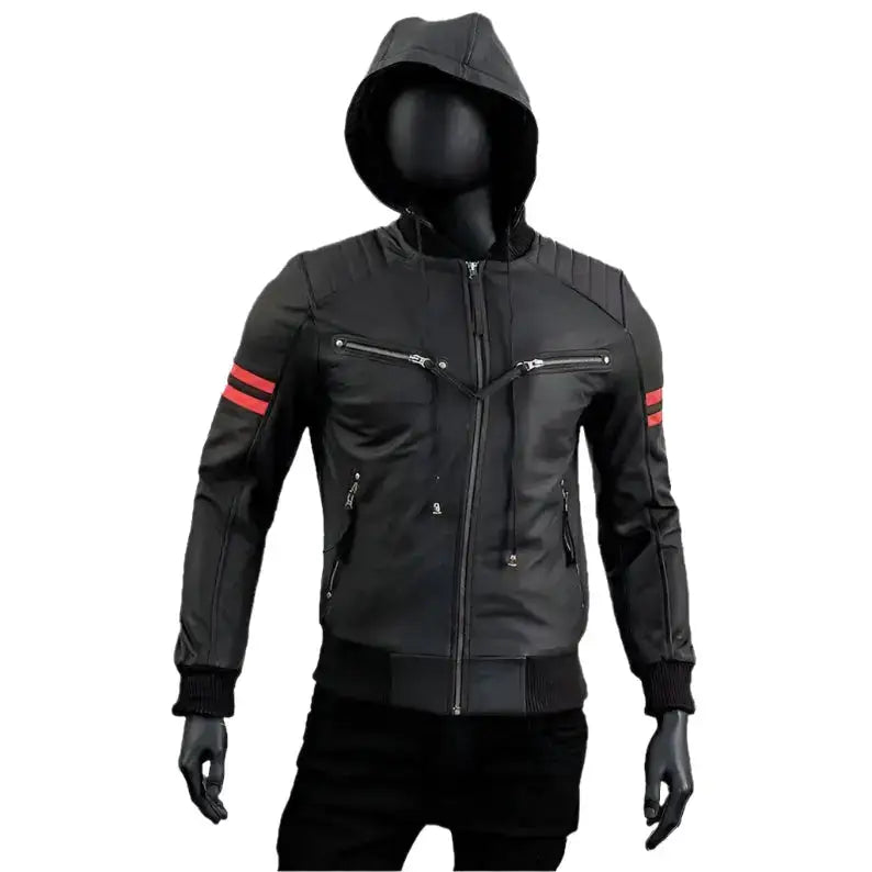 Men’s Removable Hood Leather Biker Jacket-0