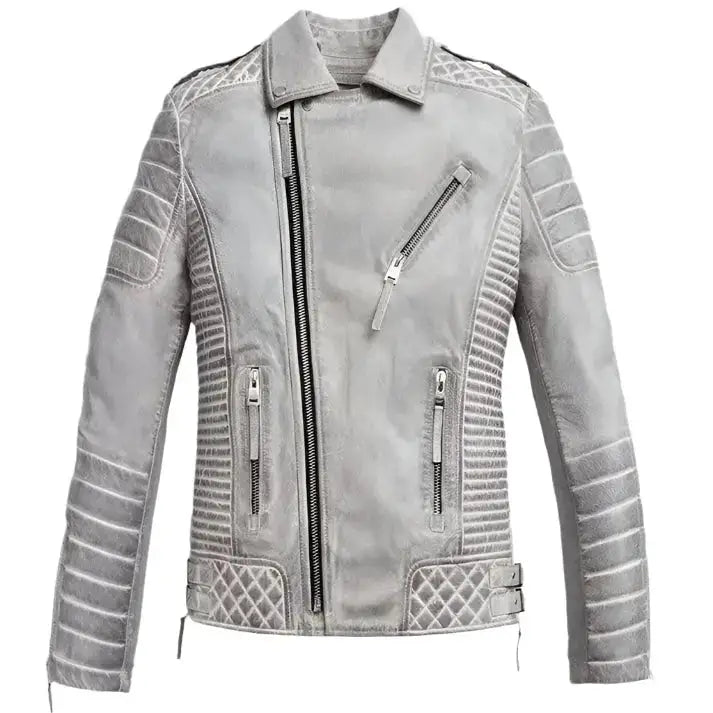 Men’s Chrome White Waxed Leather Biker Jacket-0