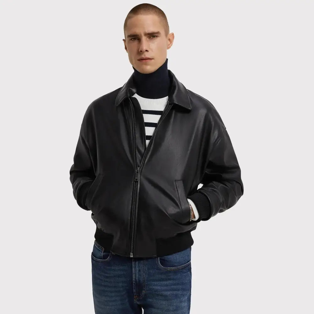 Men’s Classy Black Pu Leather Bomber Jacket-0