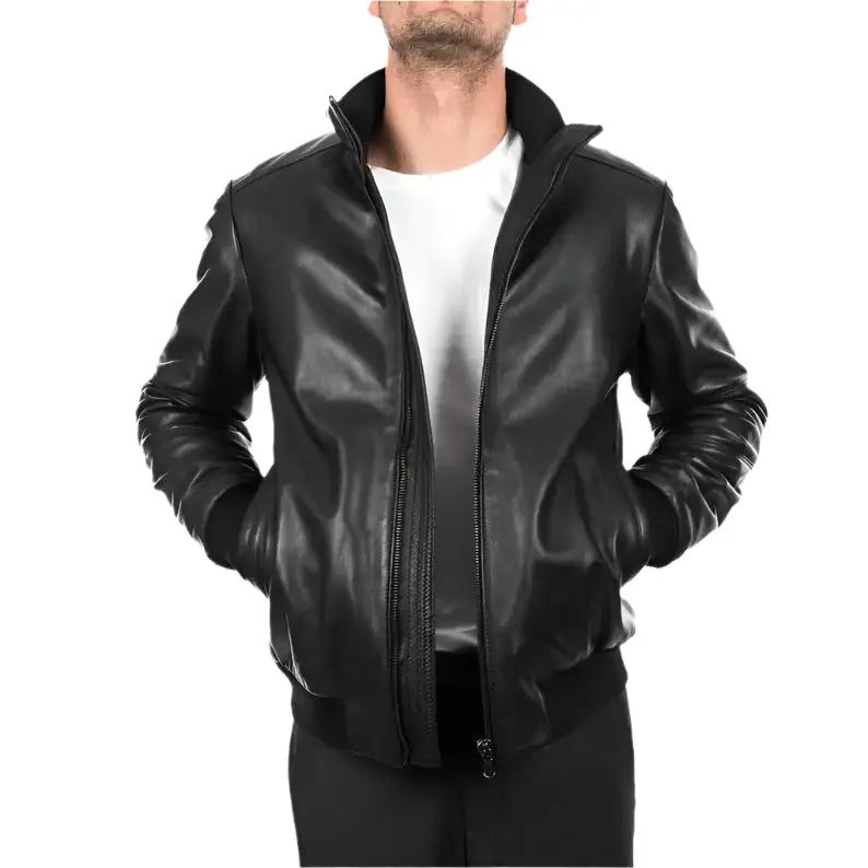 Men’s Black Leather Bomber Jacket-0