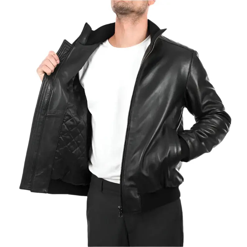 Men’s Black Leather Bomber Jacket-4