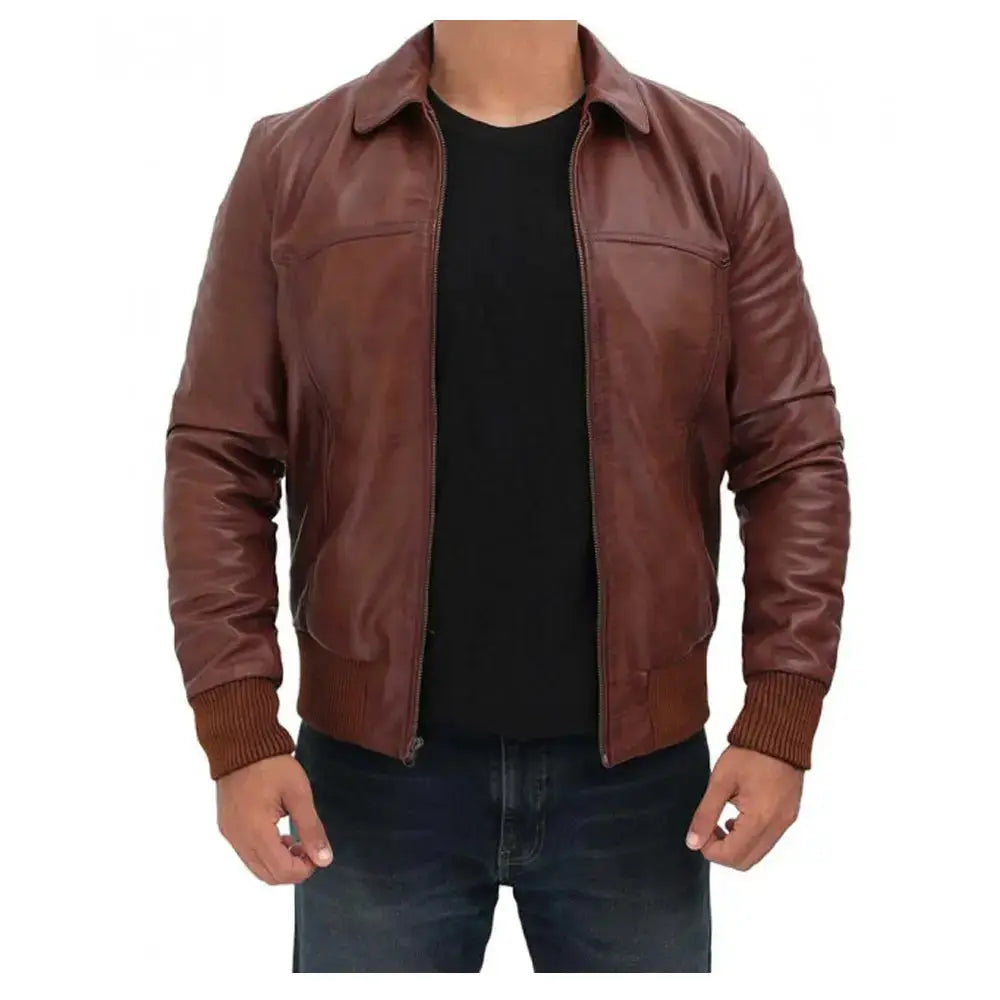 Mens Dark Brown Distressed Leather Bomber Jacket-0