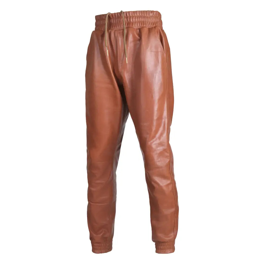Men’s Dark Brown Rib-Knit Leather Pants-0
