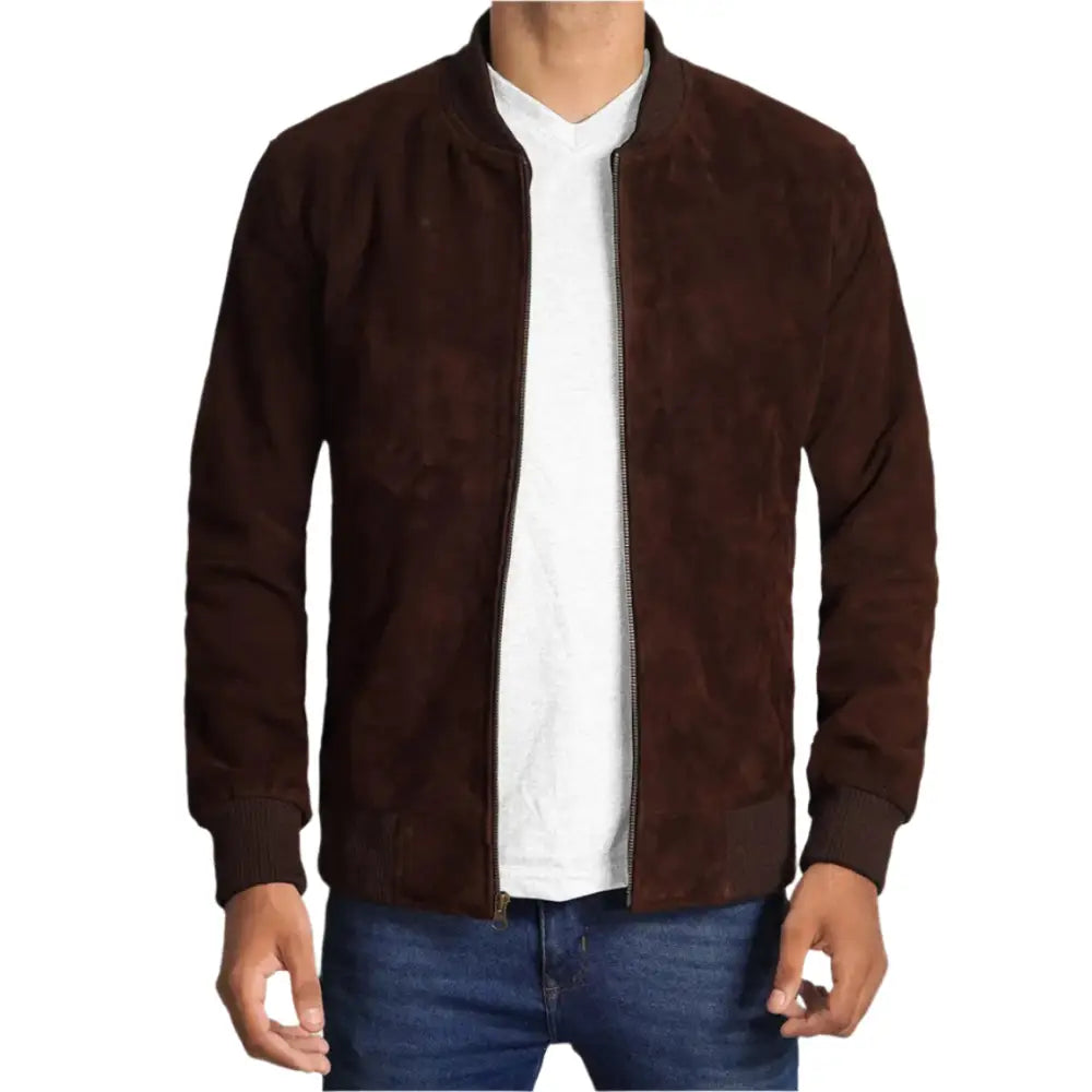 Mens Dark Brown Suede Bomber Jacket-0