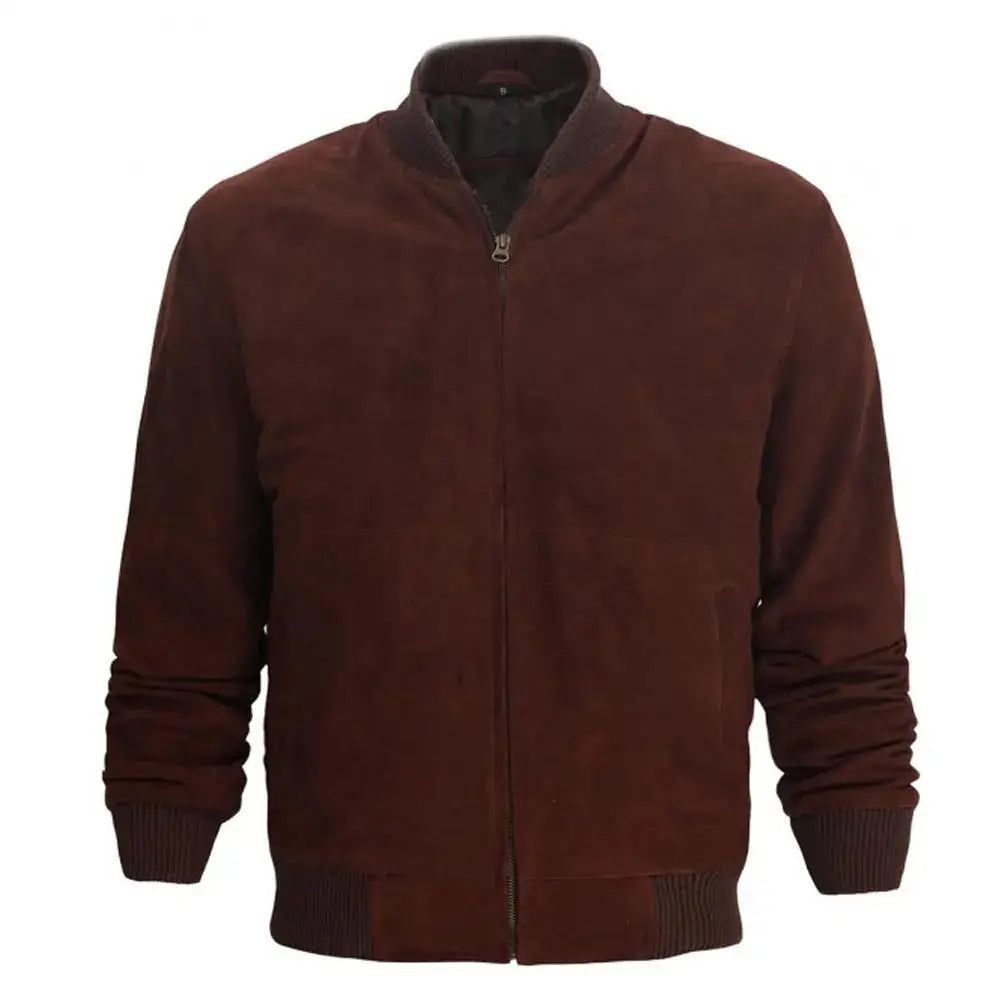 Men’s Dark Burgundy Suede Leather Bomber Jacket-0