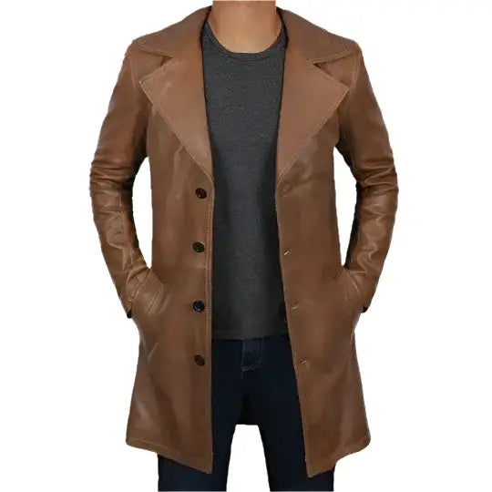 Men’s Distressed Brown Leather Winter Trench Coat-0