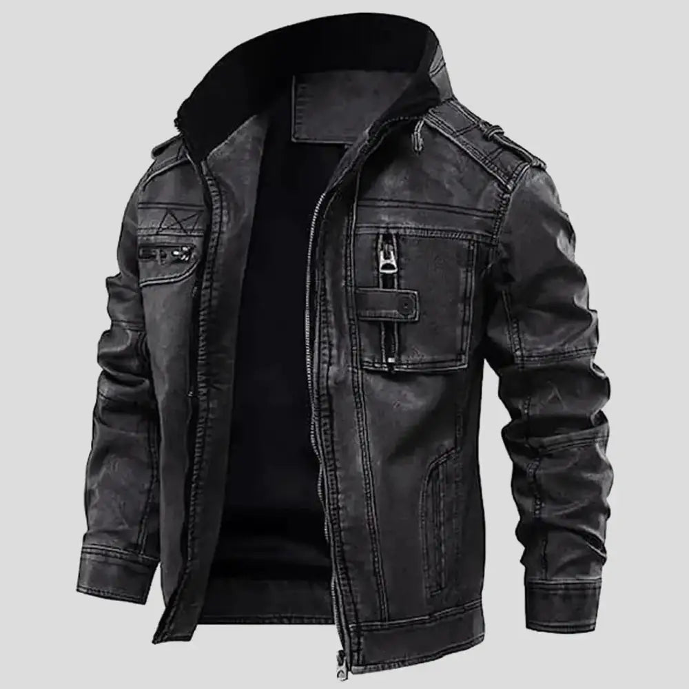 Men’s Distressed Grey Cafe Racer Leather Jacket-0