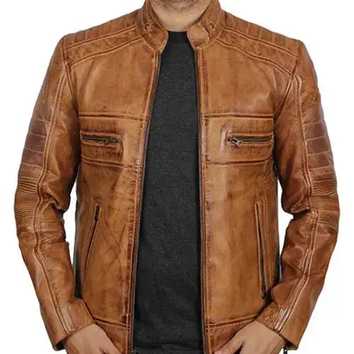 Men’s Tan Brown Cafe Racer Leather Jacket-0