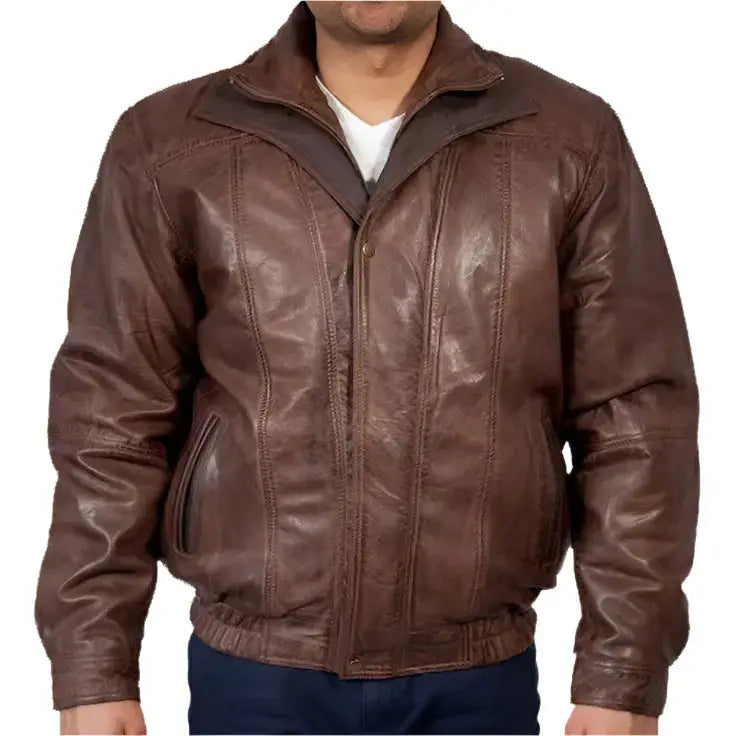 Men’s Double Collar Leather Bomber Jacket-0