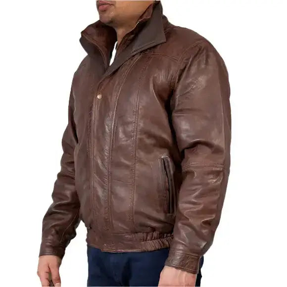 Men’s Double Collar Leather Bomber Jacket-1