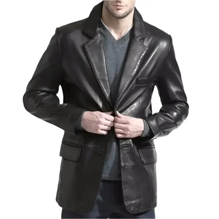Mens Elegant Black Leather Blazer-0