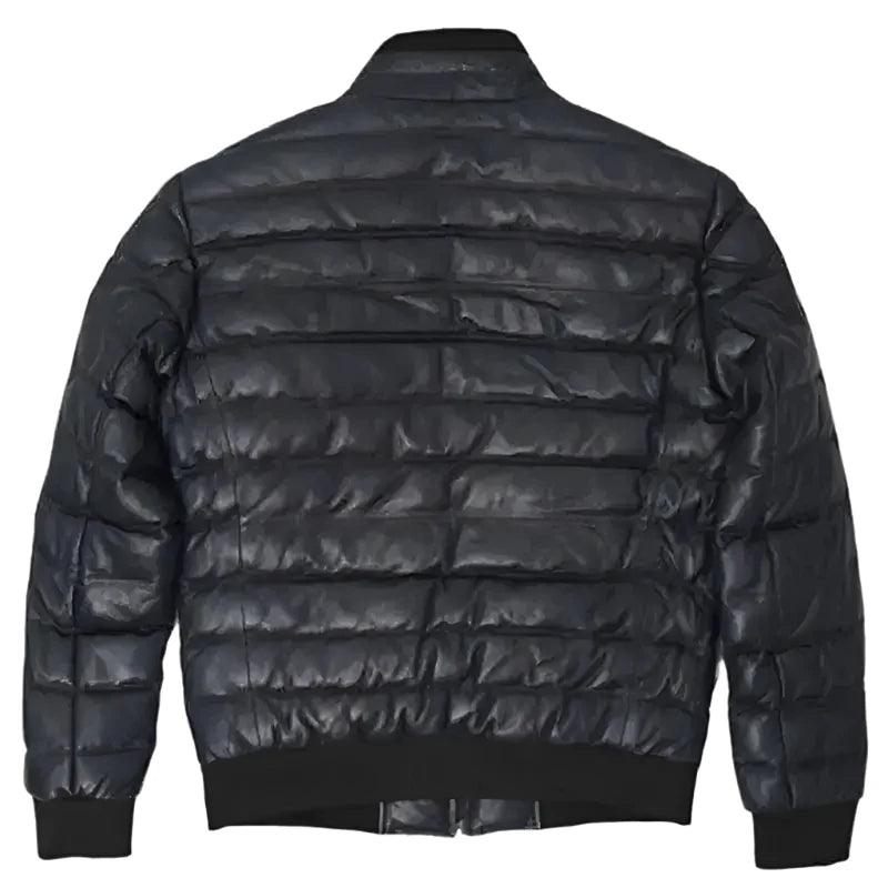 Men’s Black Leather Puffer Bomber Jacket-2