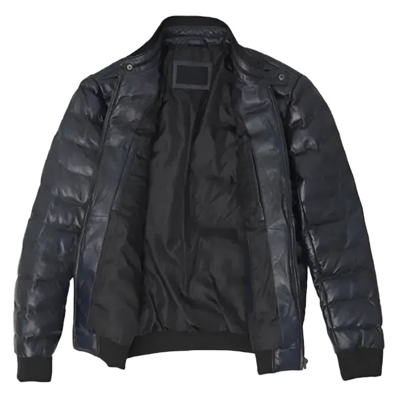Men’s Black Leather Puffer Bomber Jacket-1
