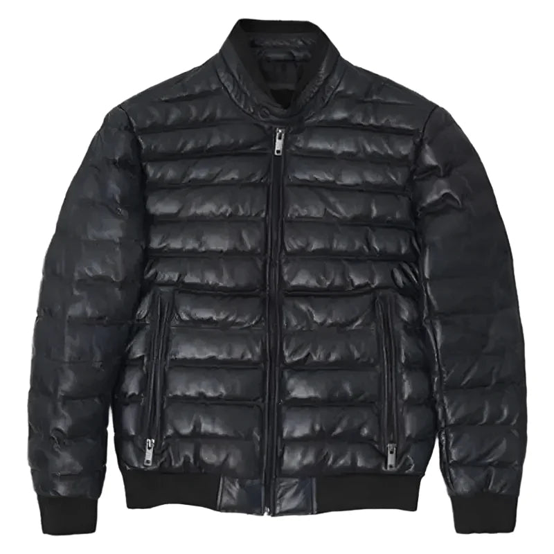 Men’s Black Leather Puffer Bomber Jacket-0
