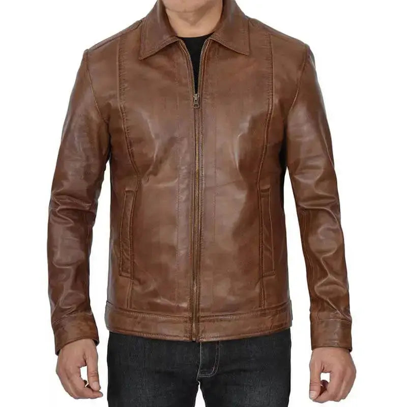 Men’s Distressed Brown Cafe Racer Jacket-0