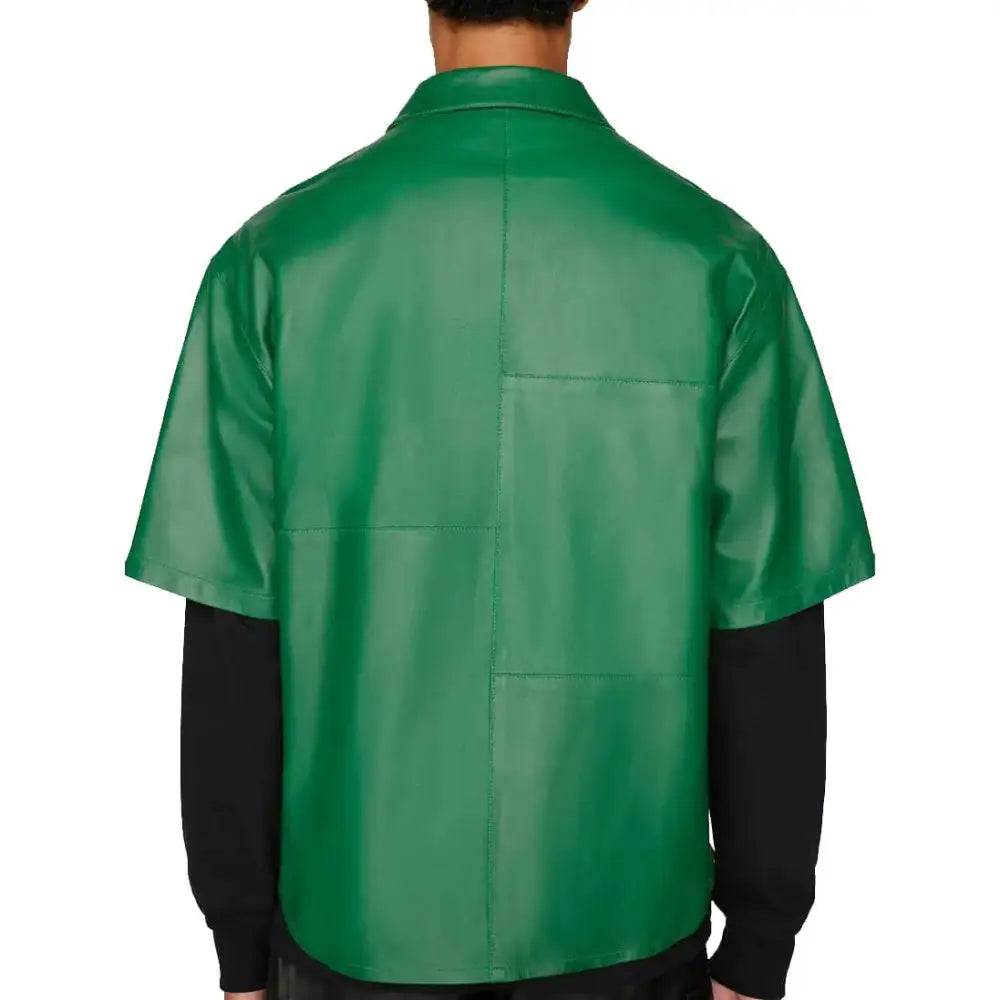 Men’s Dark Green Sheepskin Leather Zip Shirt-4