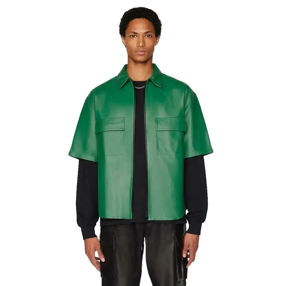 Men’s Dark Green Sheepskin Leather Zip Shirt-0