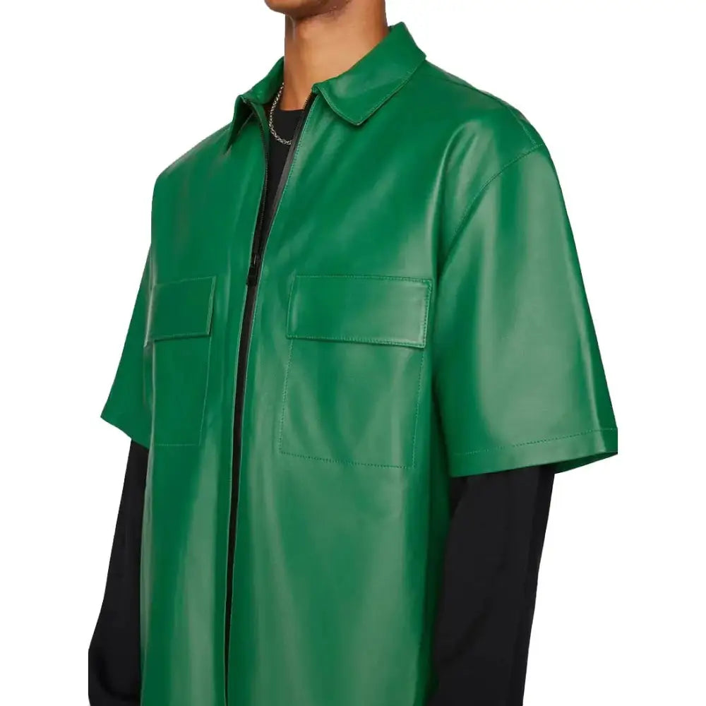Men’s Dark Green Sheepskin Leather Zip Shirt-3