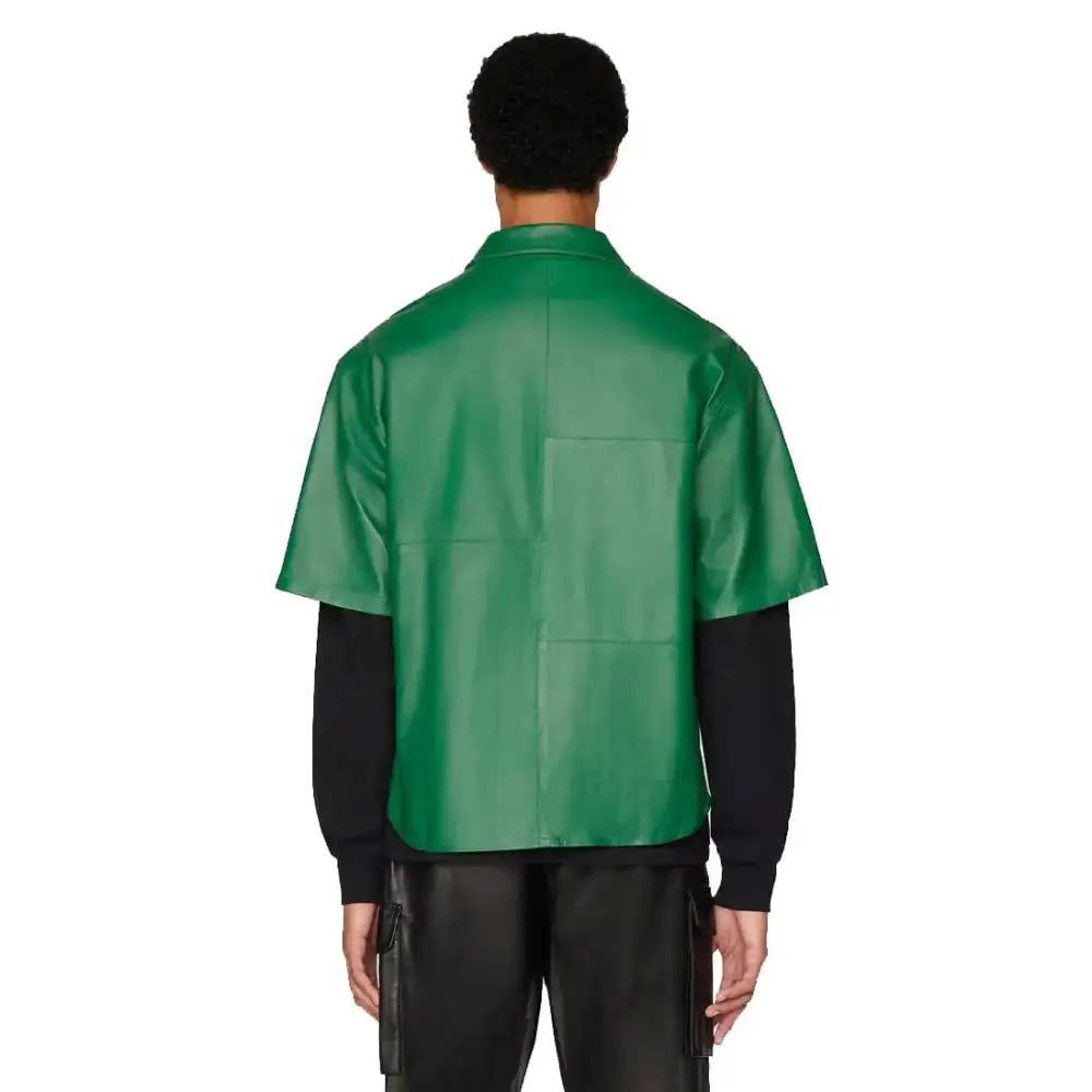 Men’s Dark Green Sheepskin Leather Zip Shirt-1