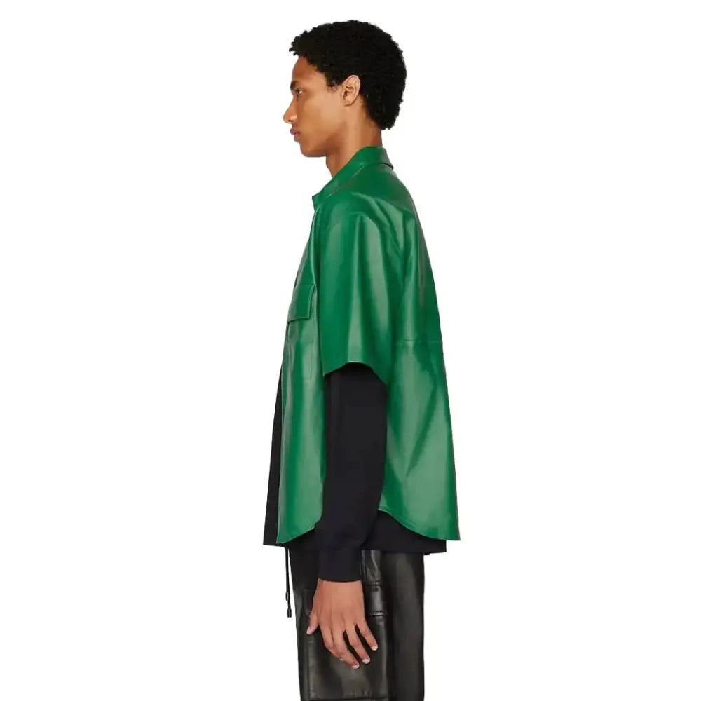 Men’s Dark Green Sheepskin Leather Zip Shirt-2