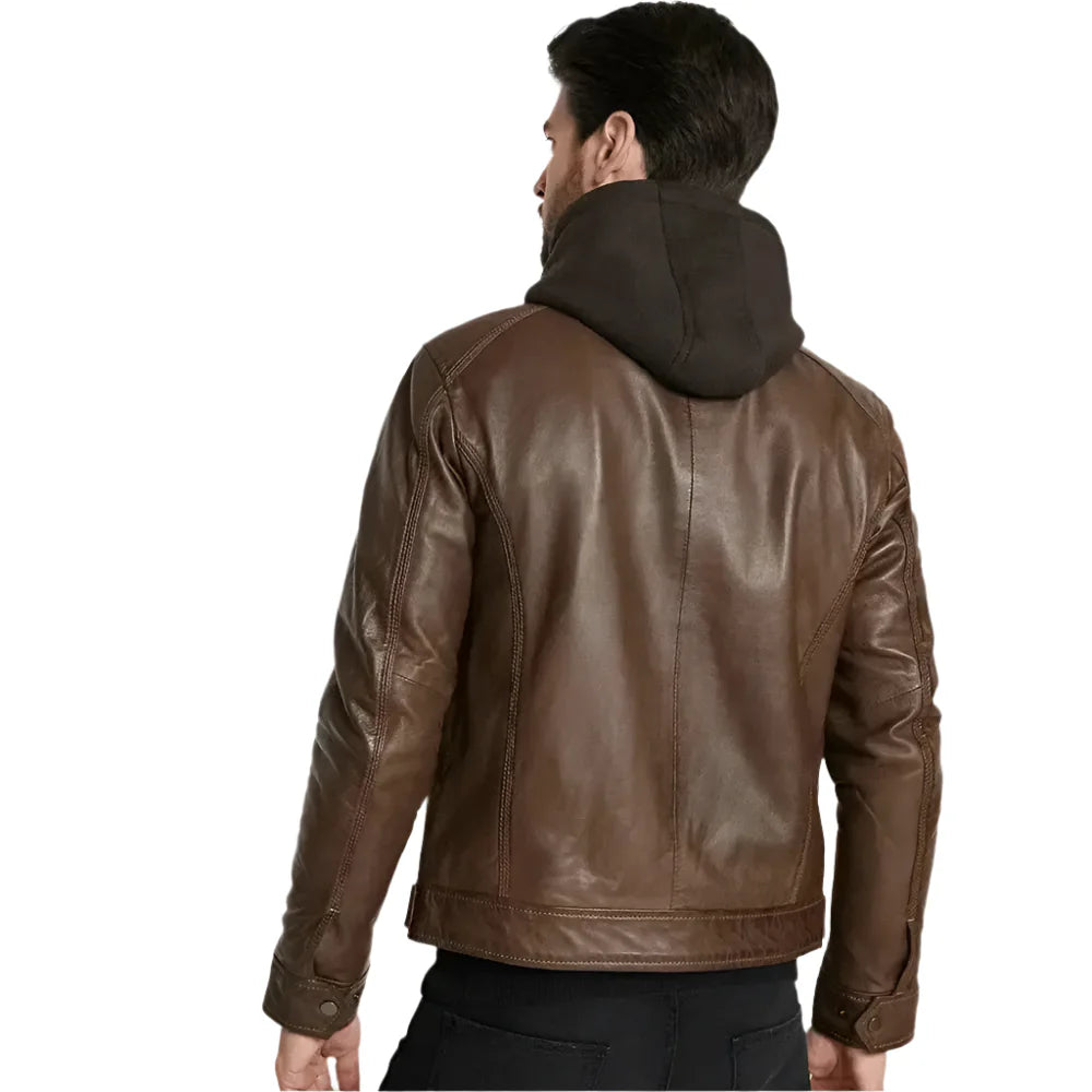 Men’s Brown Hooded Leather Jacket-2