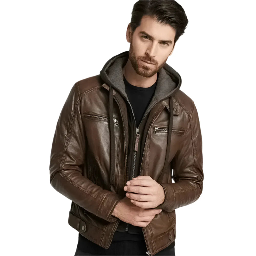 Men’s Brown Hooded Leather Jacket-0