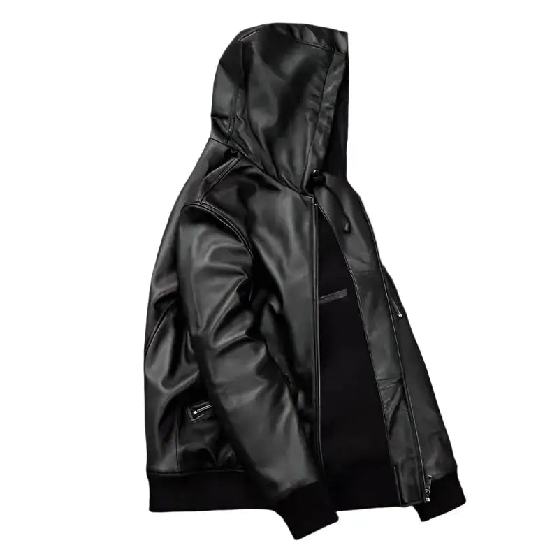 Men’s Black Hooded Leather Jacket-2