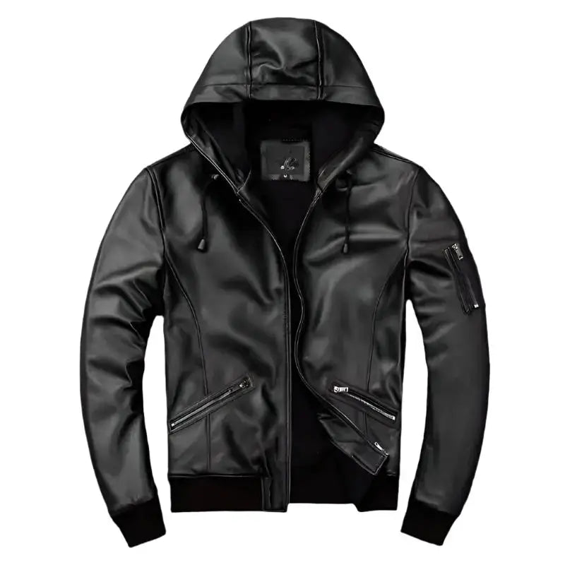 Men’s Black Hooded Leather Jacket-0