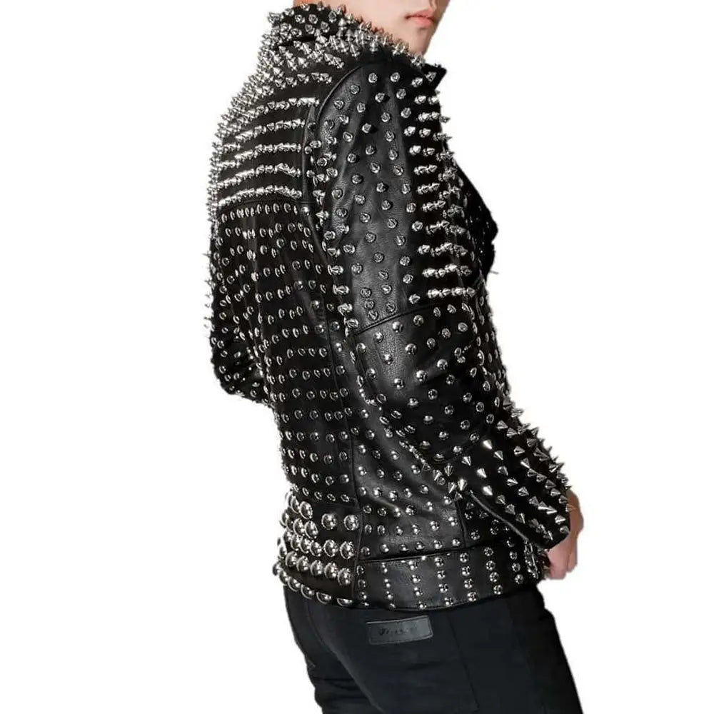 Men’s Leather Jacket with Full Silver Studded Detail-2