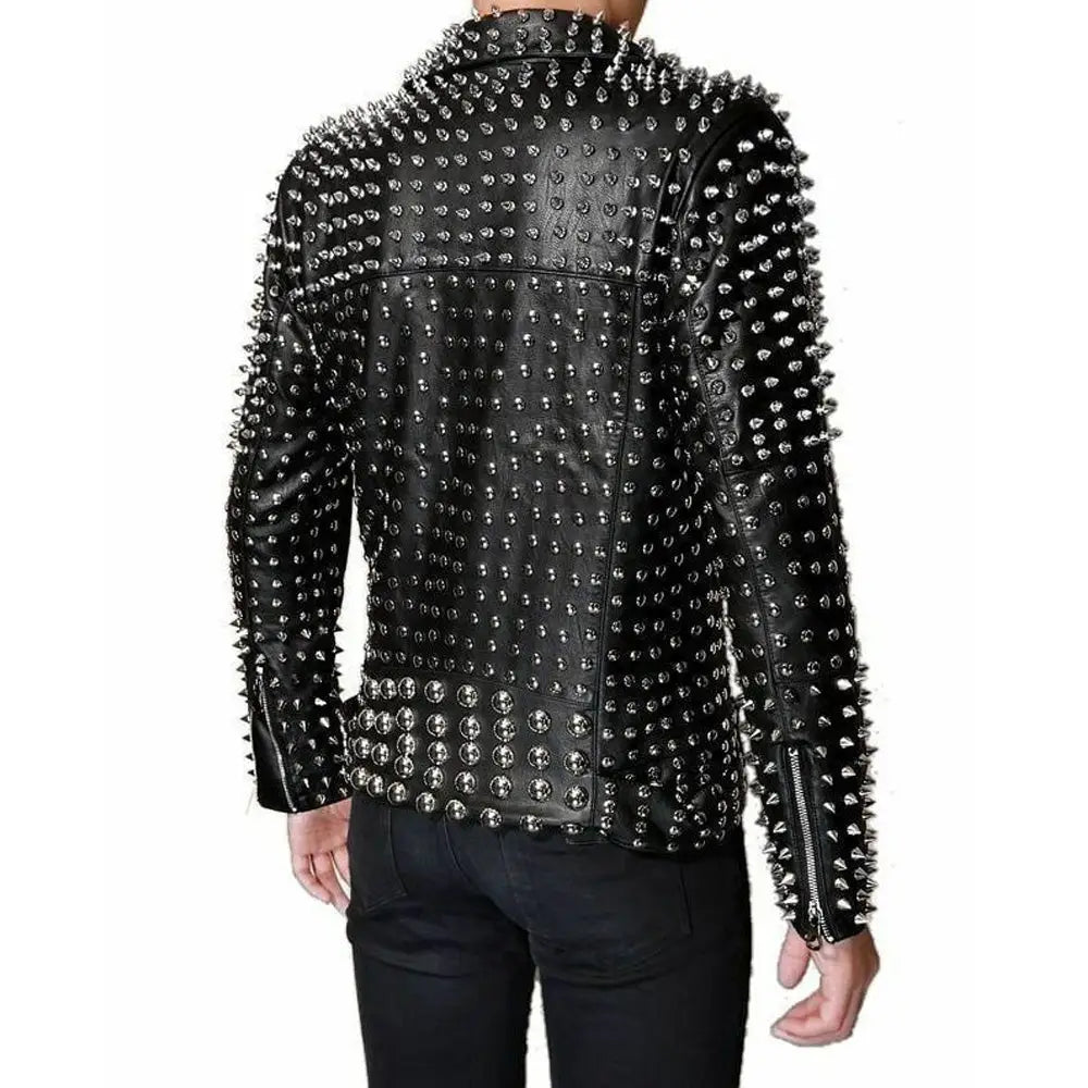 Men’s Leather Jacket with Full Silver Studded Detail-1