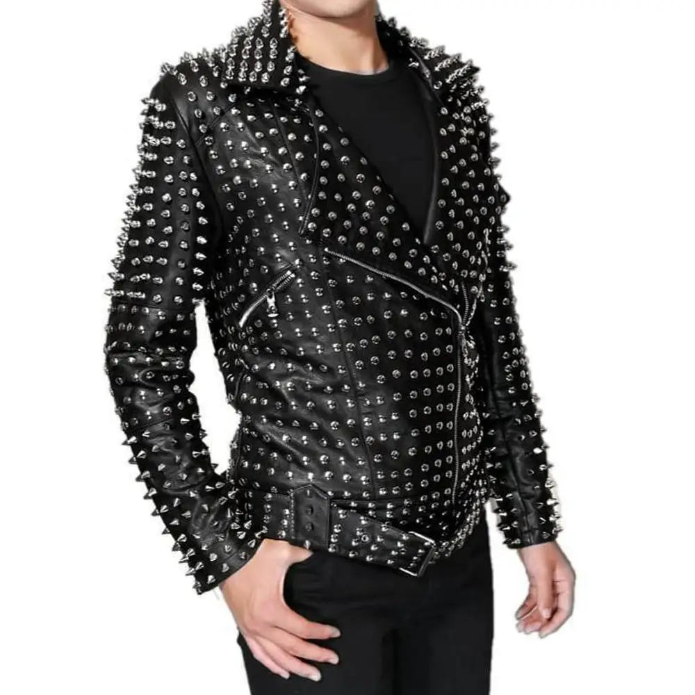 Men’s Leather Jacket with Full Silver Studded Detail-0