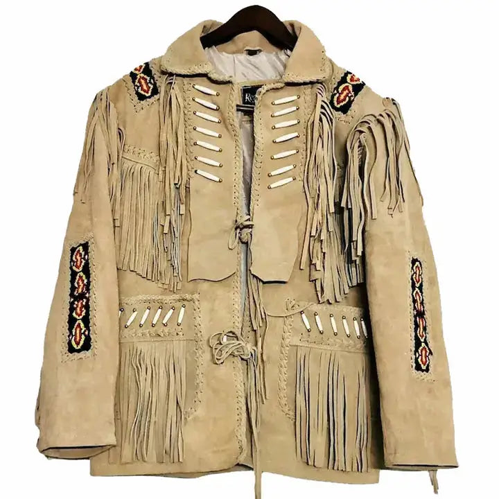 Men's Suede Fringe Leather Jacket with Beads-0