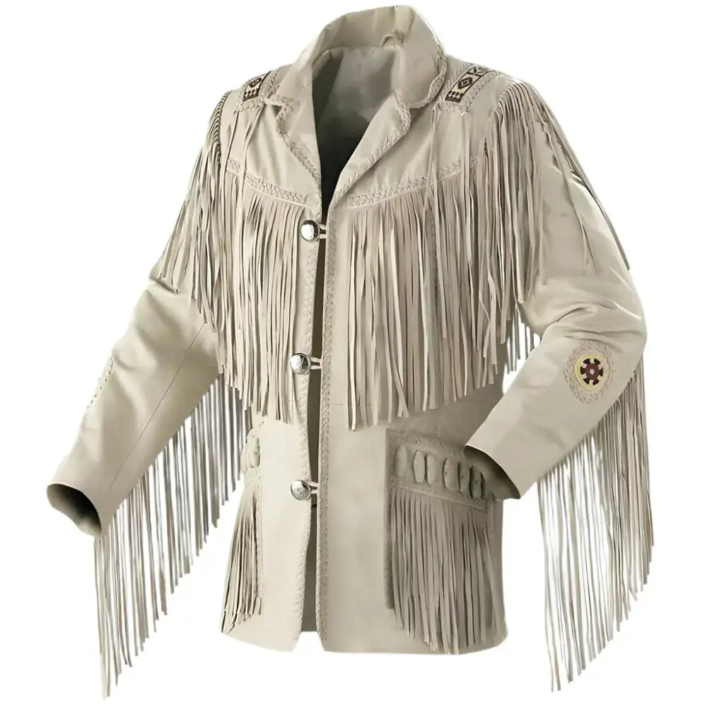 Men's Beige Suede Western Fringe Jacket-0