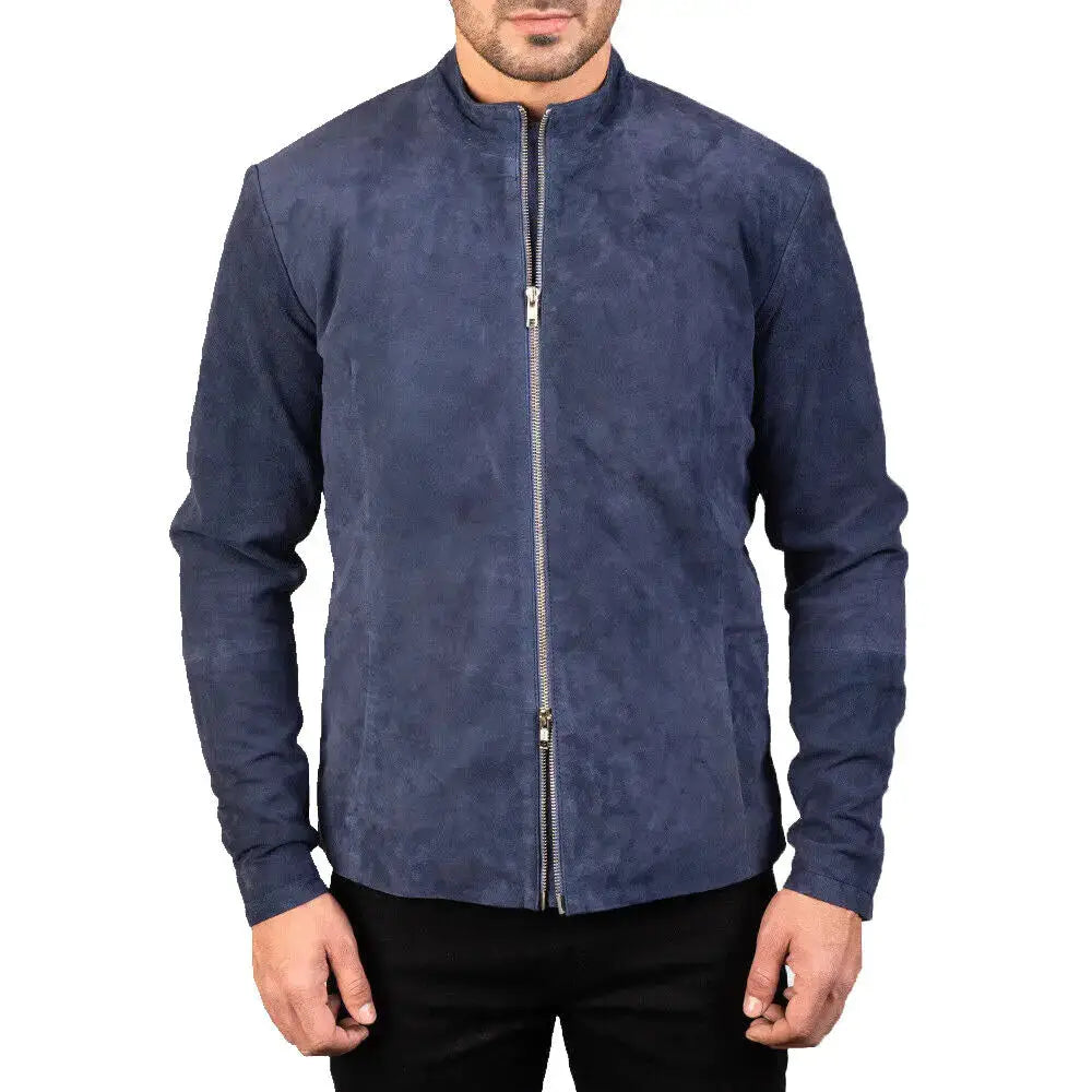 Men’s Navy Blue Suede Biker Jacket-0
