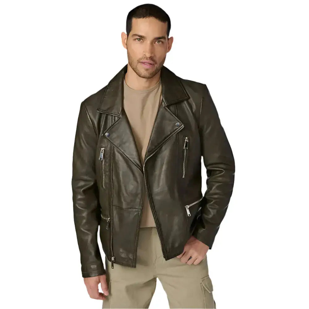 Men’s Olive Leather Moto Jacket-0