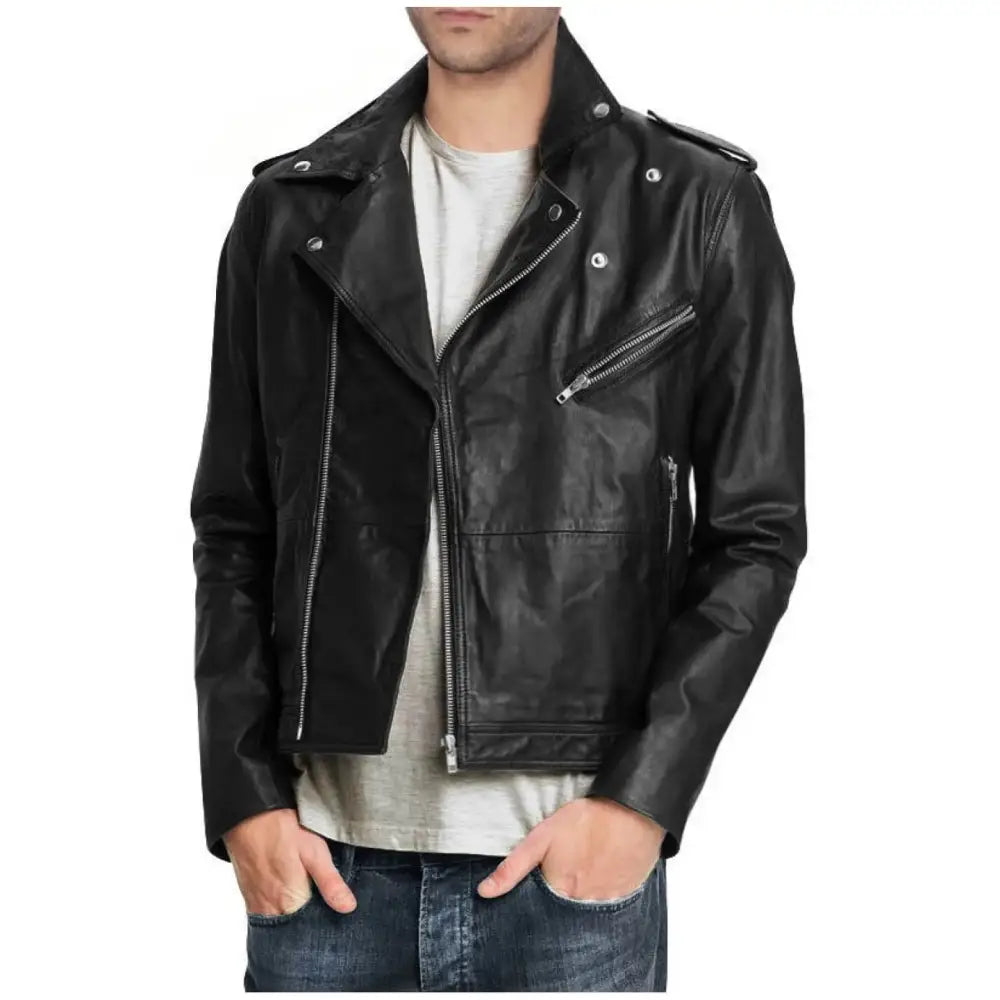 Men’s Black Leather Motorcycle Biker Jacket-0