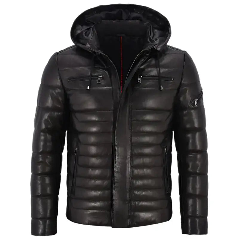 Men’s Leather Puffer Hooded Jacket-0