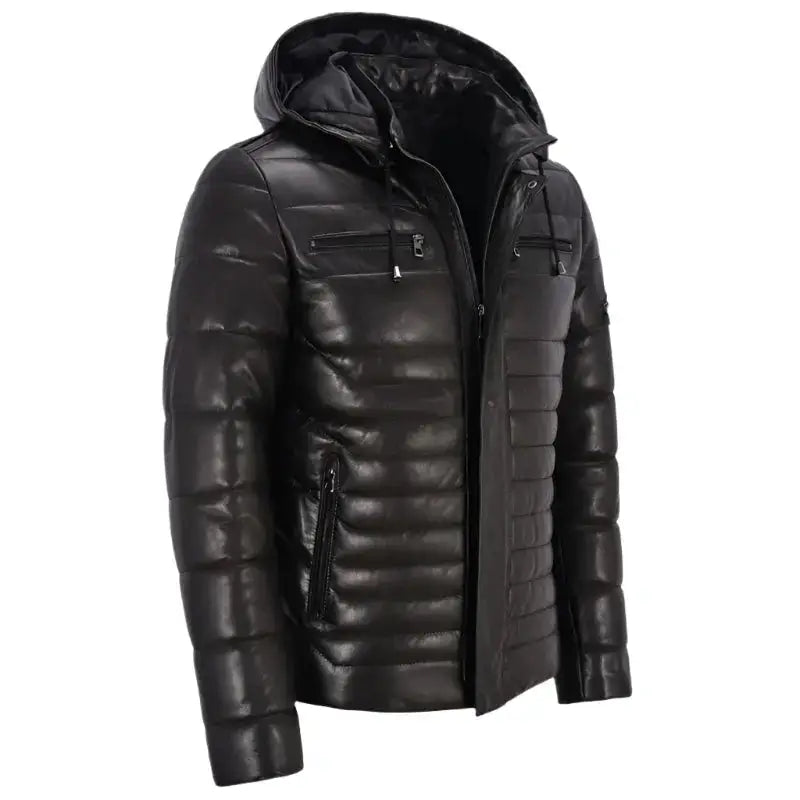Men’s Leather Puffer Hooded Jacket-1