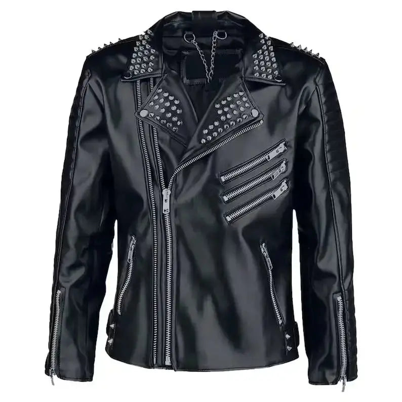 Men’s Rock Punk Black Studded Metal Spiked Leather Jacket-0