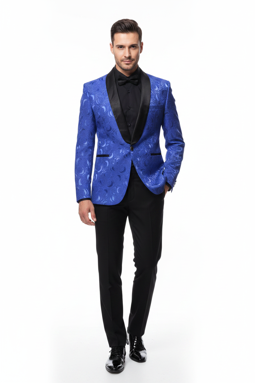 Men's royal blue floral jacquard party tuxedo suit-0