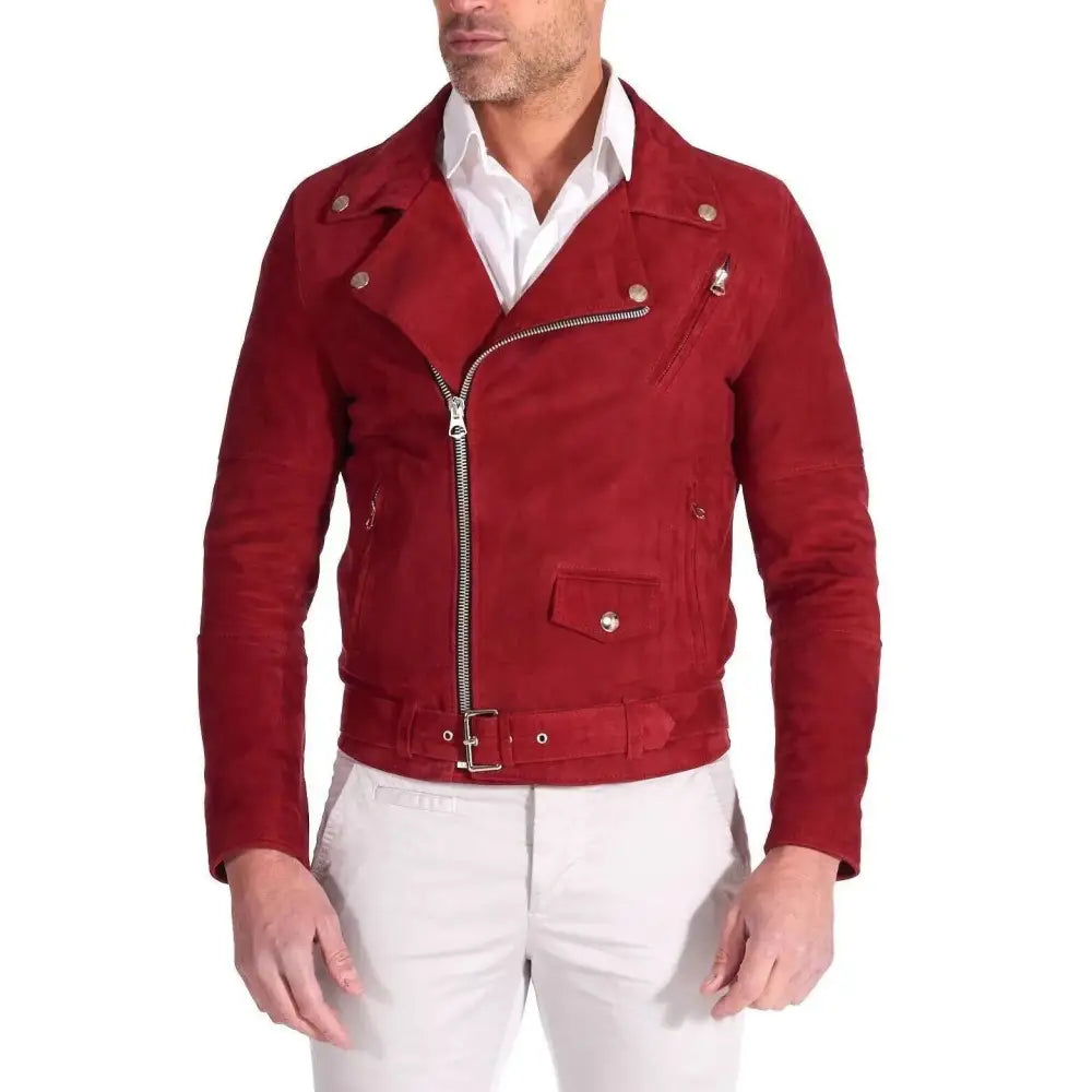 Men’s Red Suede Leather Biker Jacket – Slim Fit-0