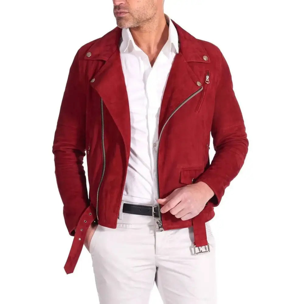 Men’s Red Suede Leather Biker Jacket – Slim Fit-1