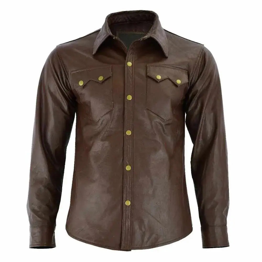 Men’s Brown Slim Fit Leather Shirt-0