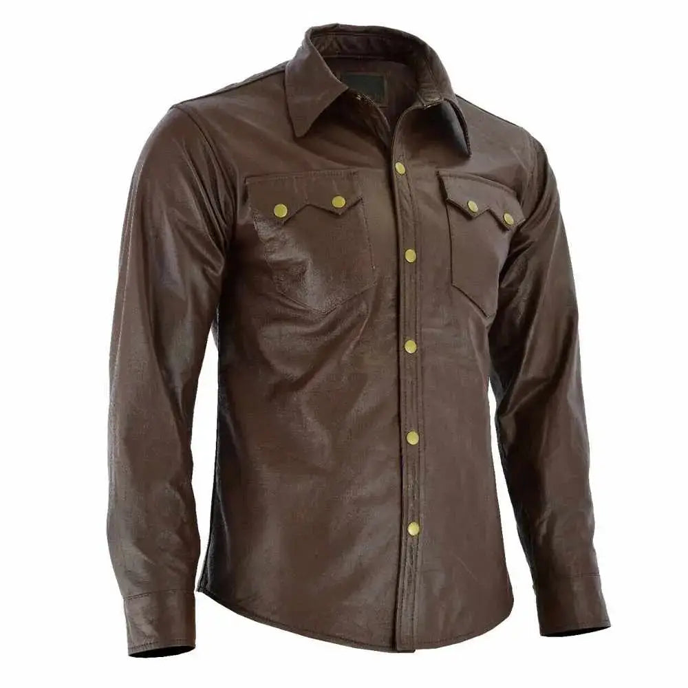 Men’s Brown Slim Fit Leather Shirt-1