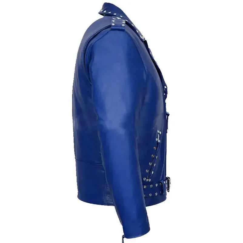 Men’s Studded Blue Leather Biker Jacket-1