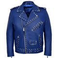 Men’s Studded Blue Leather Biker Jacket-0